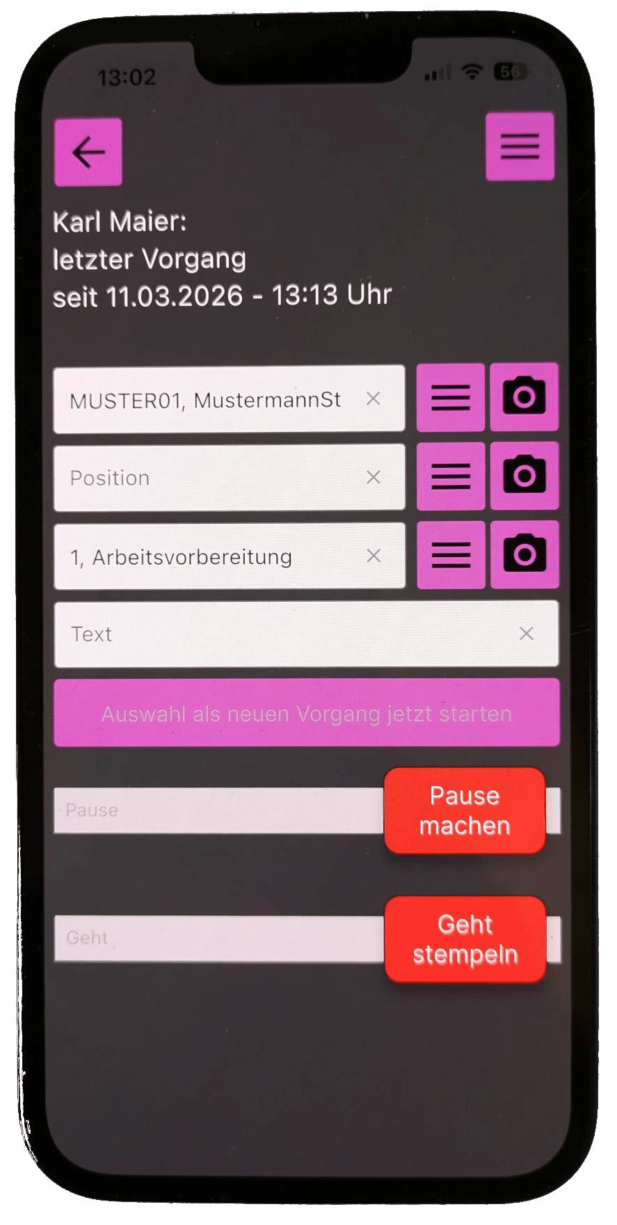 Screenshot aus der Kuhnle BDE App